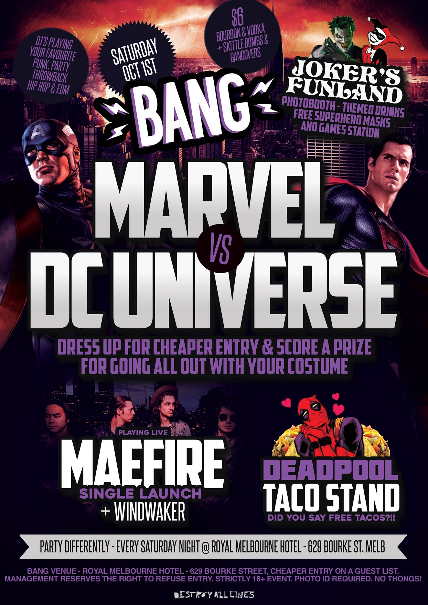 Press flyer image BANG PRESENTS - MARVEL VS DC UNIVERSE - SATURDAY 1 OCTOBER, 2016