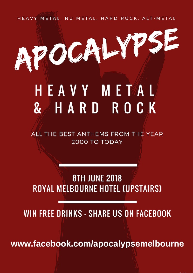 Press flyer image APOCALYPSE PRESENTS - APOCALYPSE HEAVY METAL & HARD ROCK NIGHTCLUB - FRIDAY 8 JUNE, 2018