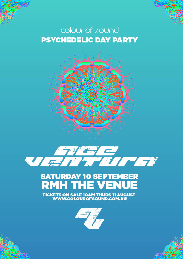 Press flyer image COLOUR OF SOUND PRESENTS - ACE VENTURA PSYCHEDELIC DAY PARTY - SATURDAY 10 SEPTEMBER, 2016