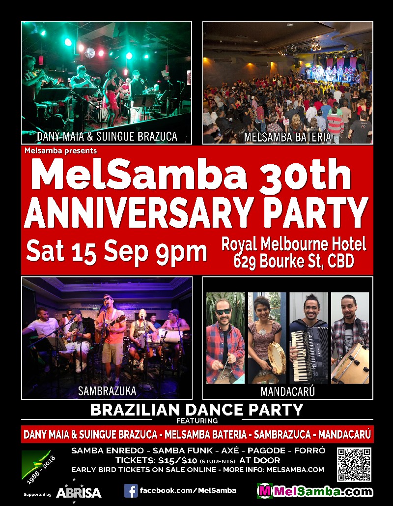 Press flyer image MELSAMBA PRESENTS - MELSAMBA 30TH ANNIVERSARY PARTY - SATURDAY 15 SEPTEMBER, 2018