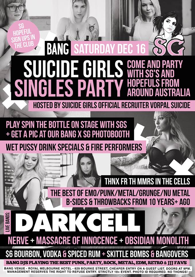 Press flyer image BANG PRESENTS - SUICIDE GIRLS SINGLES PARTY - DARKCELL LIVE - SATURDAY 16 DECEMBER, 2017