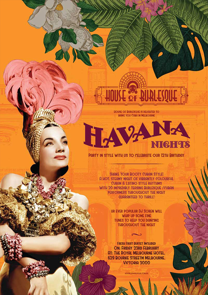 Press flyer image HOUSE OF BURLESQUE PRESENTS - HAVANA NIGHTS - FRIDAY 23 FEBRUARY, 2018