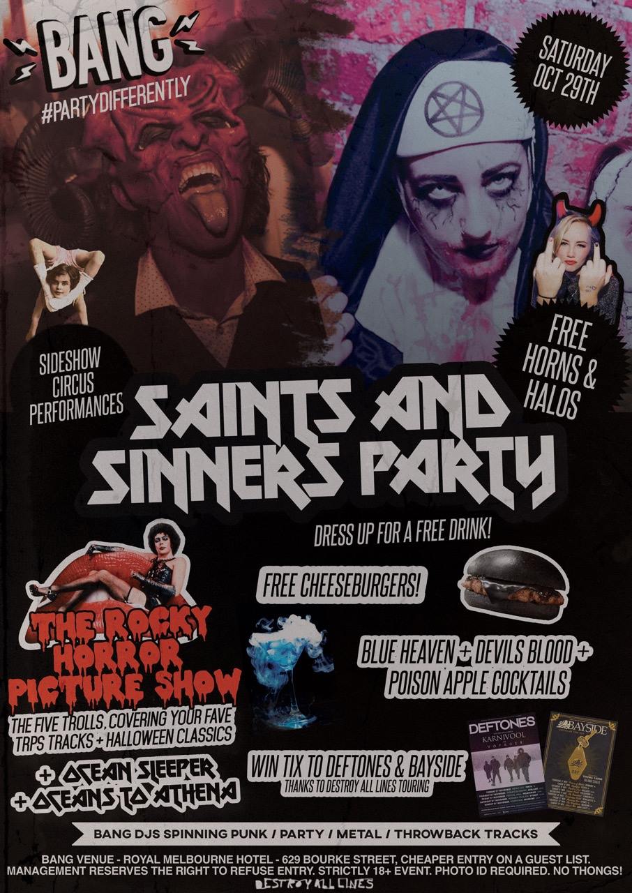 Press flyer image BANG PRESENTS - SAINTS AND SINNERS PARTY - SATURDAY 29 OCTOBER, 2016