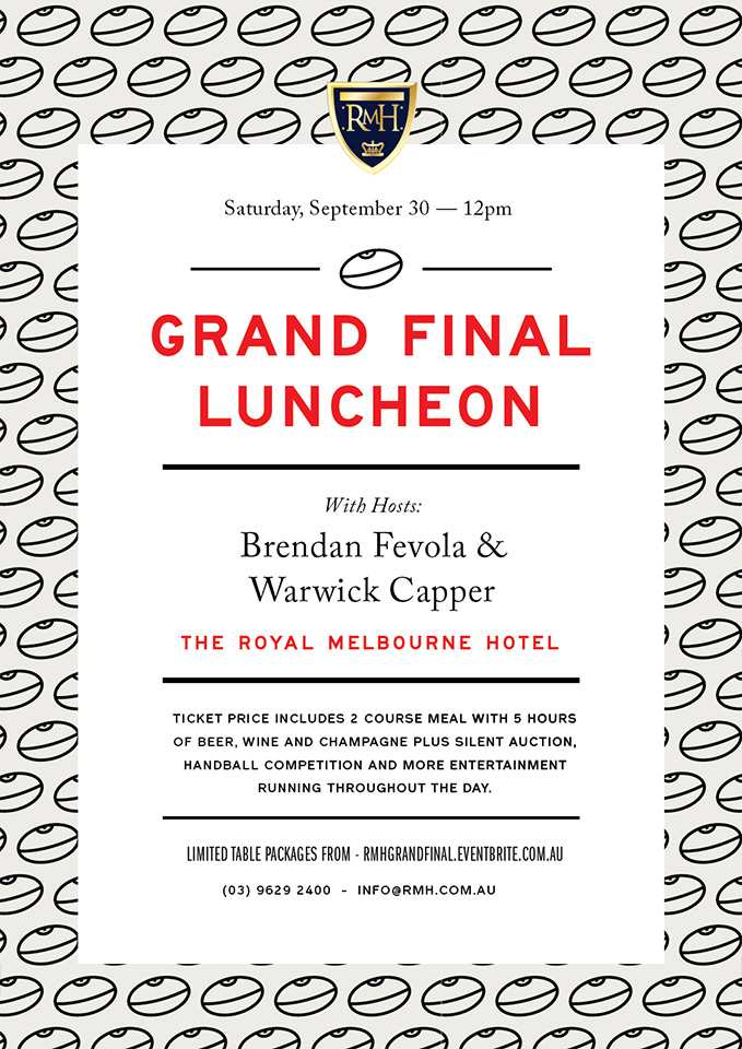 Press flyer image RMH PRESENTS - GRAND FINAL LUNCHEON - SATURDAY 30 SEPTEMBER, 2017